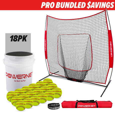 Pro Training Soft Toss Bundle | 7x7 Net, Practice Balls PowerNet by TrainingNets Softball