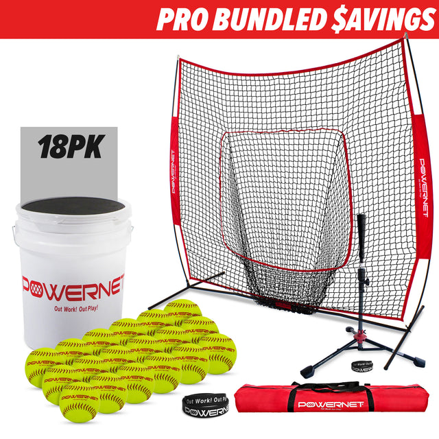 Pro Training Soft Toss Bundle | 7x7 Net, Practice Balls, Tripod Tee PowerNet by TrainingNets Softball