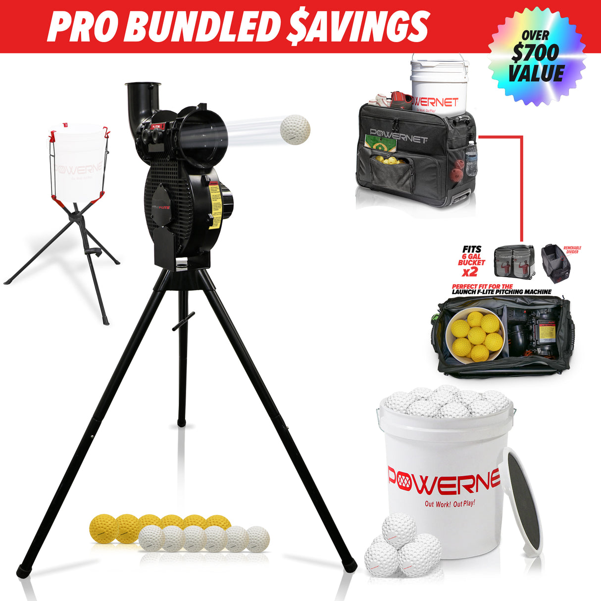 Pro Training Bundle | Launch F-lite Pitching Machine, Rolling Bag, Bucket Lifter & Baseballs TrainingNets by PowerNet