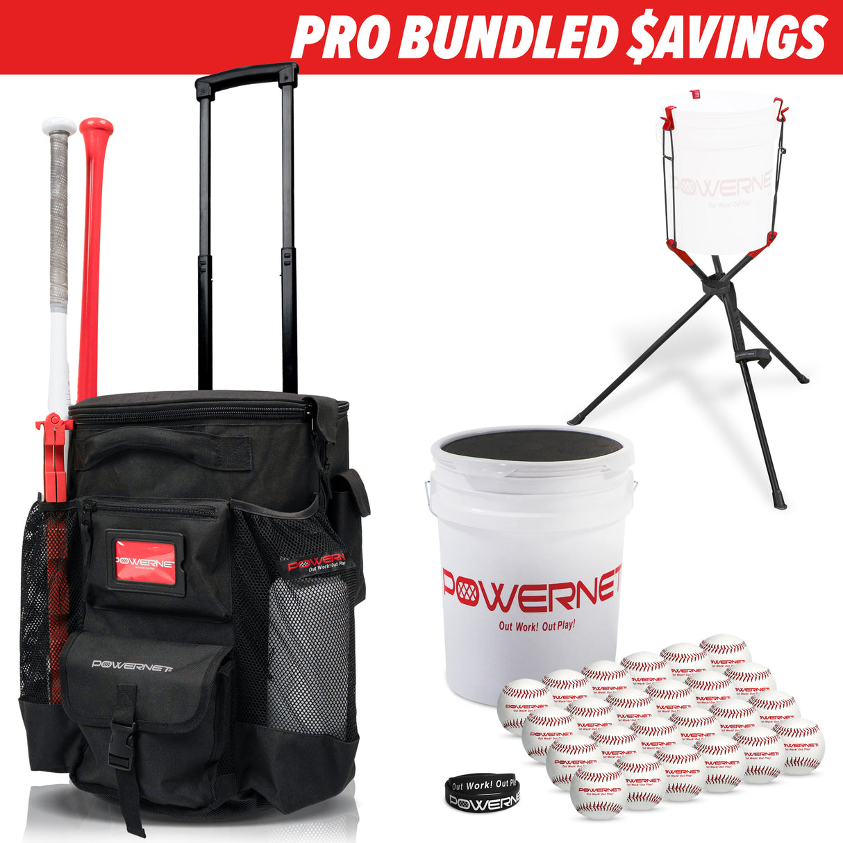 PRO BUNDLE | Wheeled Bucket Organizer Bundles TrainingNets by PowerNet Practice Baseballs