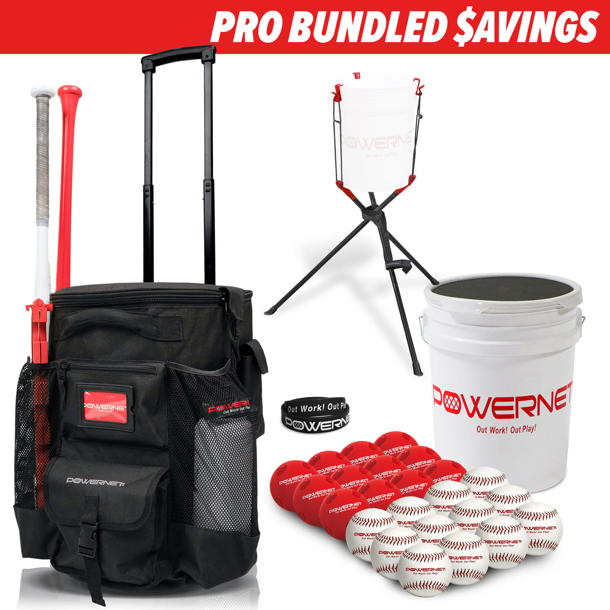 PRO BUNDLE | Wheeled Bucket Organizer Bundles TrainingNets by PowerNet Practice Baseballs + Crushers