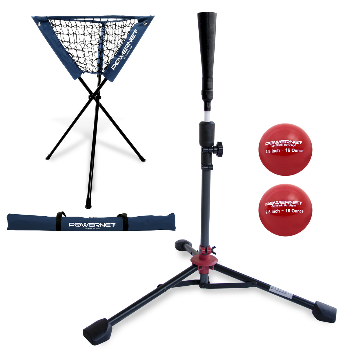Deluxe Tee (2.5 lbs), Ball Caddy, 2 PK Weighted Training Balls Bundle sports PowerNet Navy