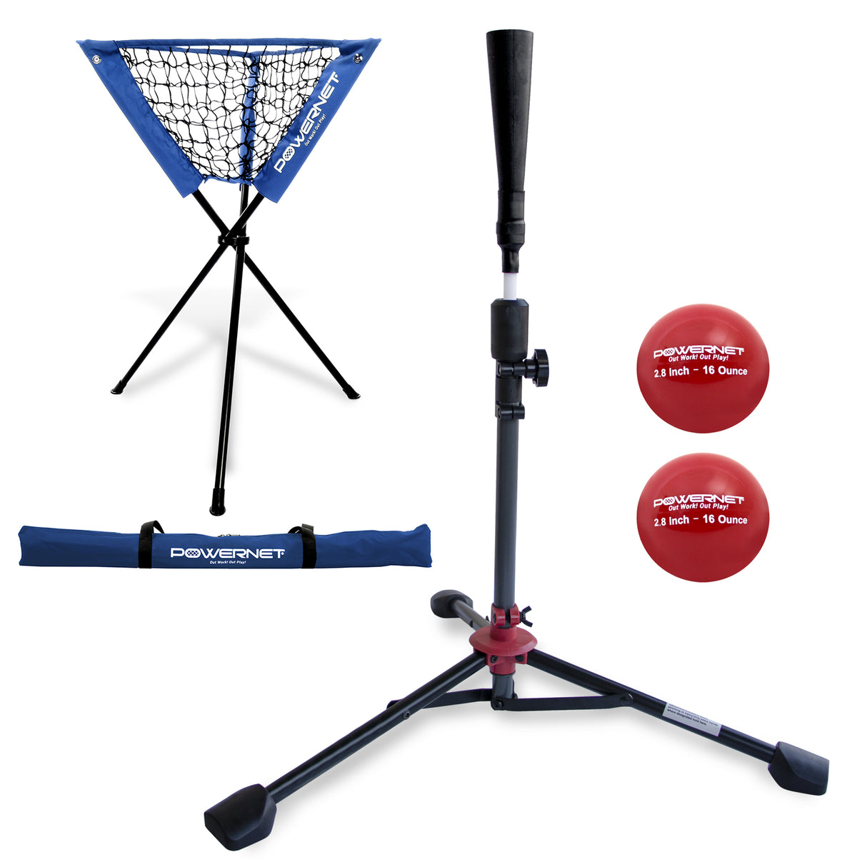 Deluxe Tee (2.5 lbs), Ball Caddy, 2 PK Weighted Training Balls Bundle sports PowerNet Royal Blue