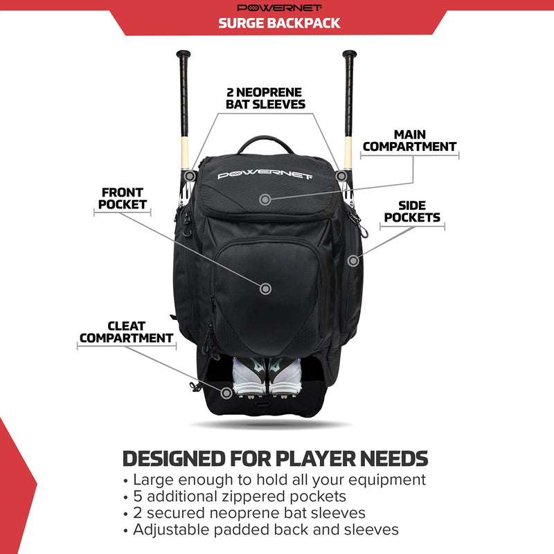 PowerNet Surge Softball Baseball Bag Dual Bat Gear Travel Backpack