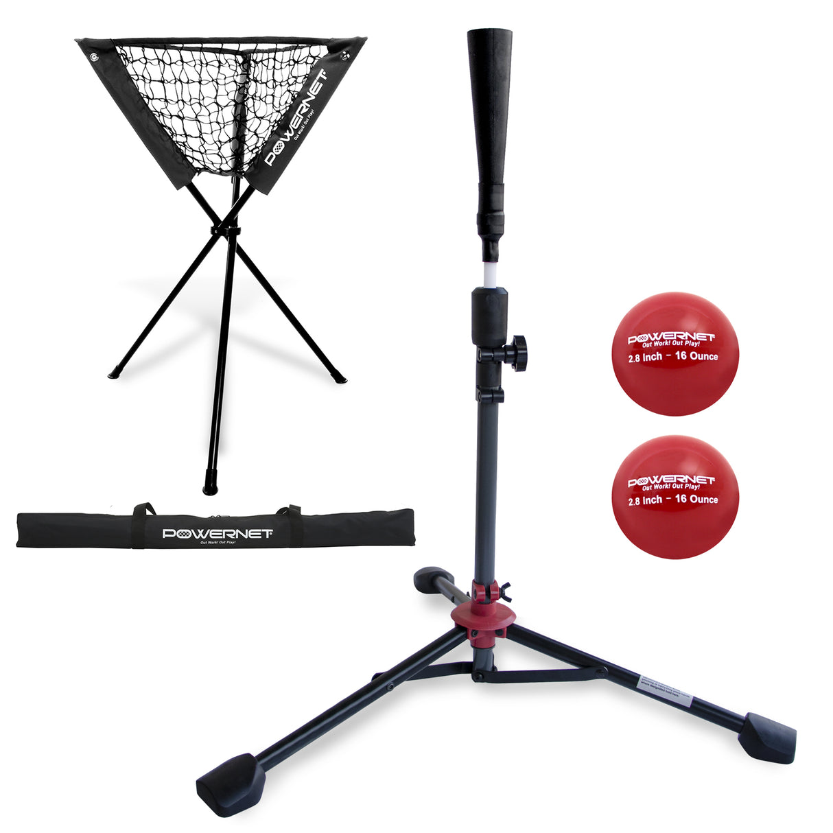Deluxe Tee (2.5 lbs), Ball Caddy, 2 PK Weighted Training Balls Bundle sports PowerNet